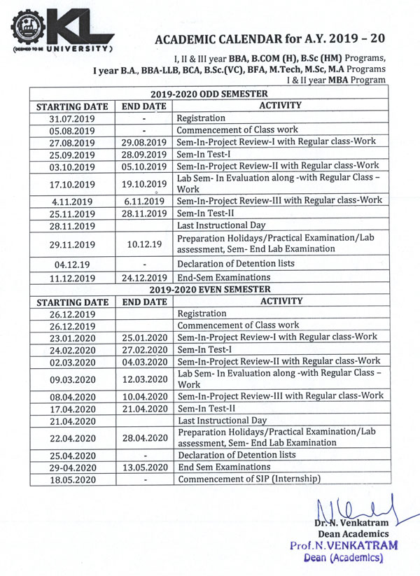 Academic Calendar for the academic year 2019-20