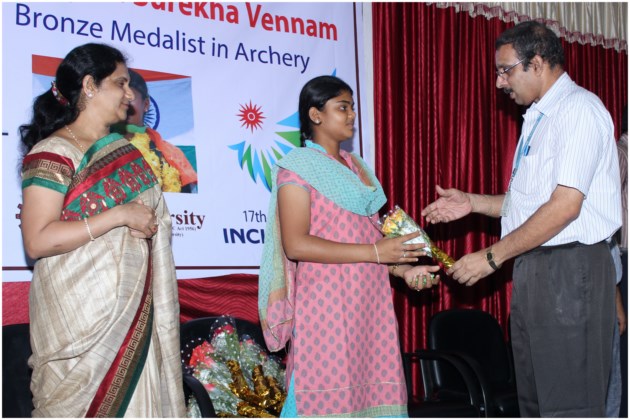Felicitation to Miss Vennam Jyothi Surekha bronze medalist in 17th Asian games held in South Korea