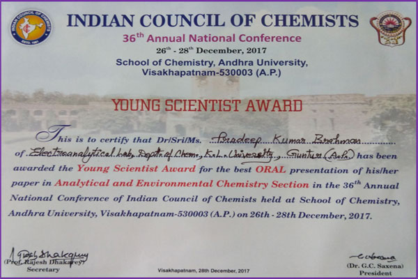 Young Scientist Award to Dr. Pradeep Kumar Brahman