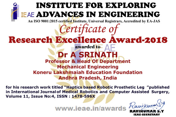Research Excellence Award 2018 to Dr. A. Srinath, Professor and Head Dept Of Mechanical Engineering Photo 01