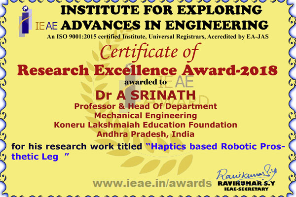 Research Excellence Award 2018 to Dr. A. Srinath, Professor and Head Dept Of Mechanical Engineering Photo 02