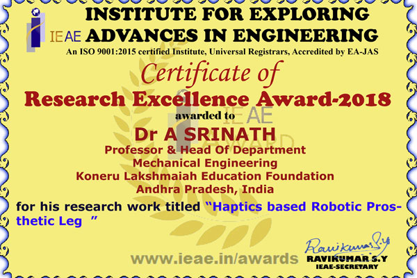 Research Excellence Award 2018 to Dr. A. Srinath, Professor and Head Dept Of Mechanical Engineering Photo 02