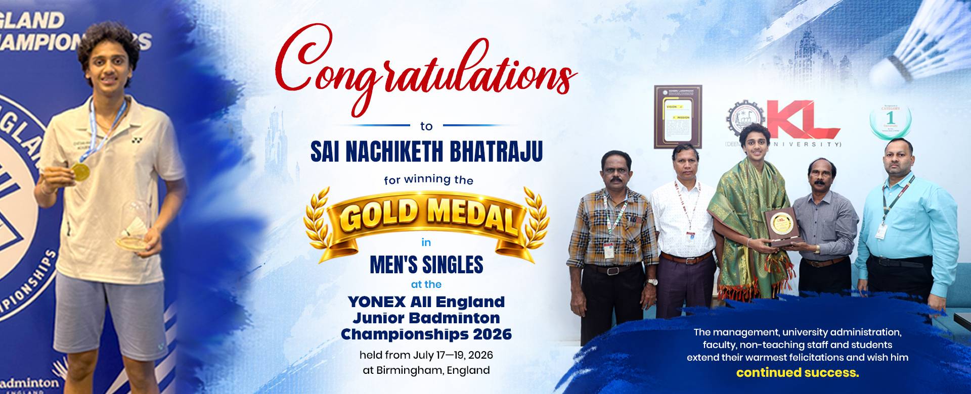 KLEF Student Sai Nachiketh Bhatraju Wins Gold at All England Junior Badminton Championships